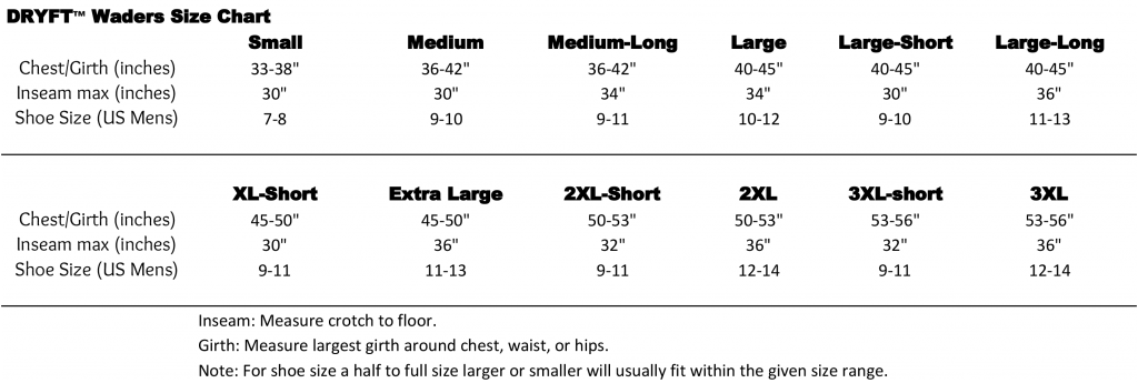 Sizing Charts - DRYFT™ Fishing Waders