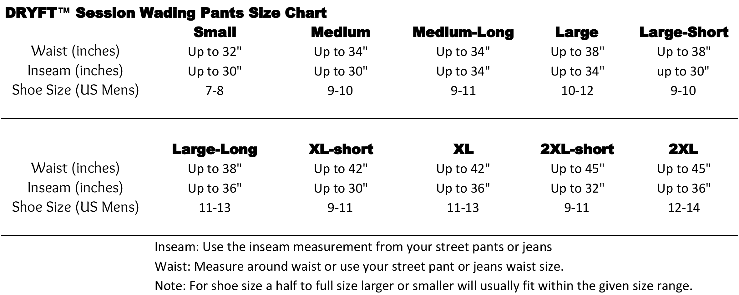 Womens Pants & Shorts Size Chart