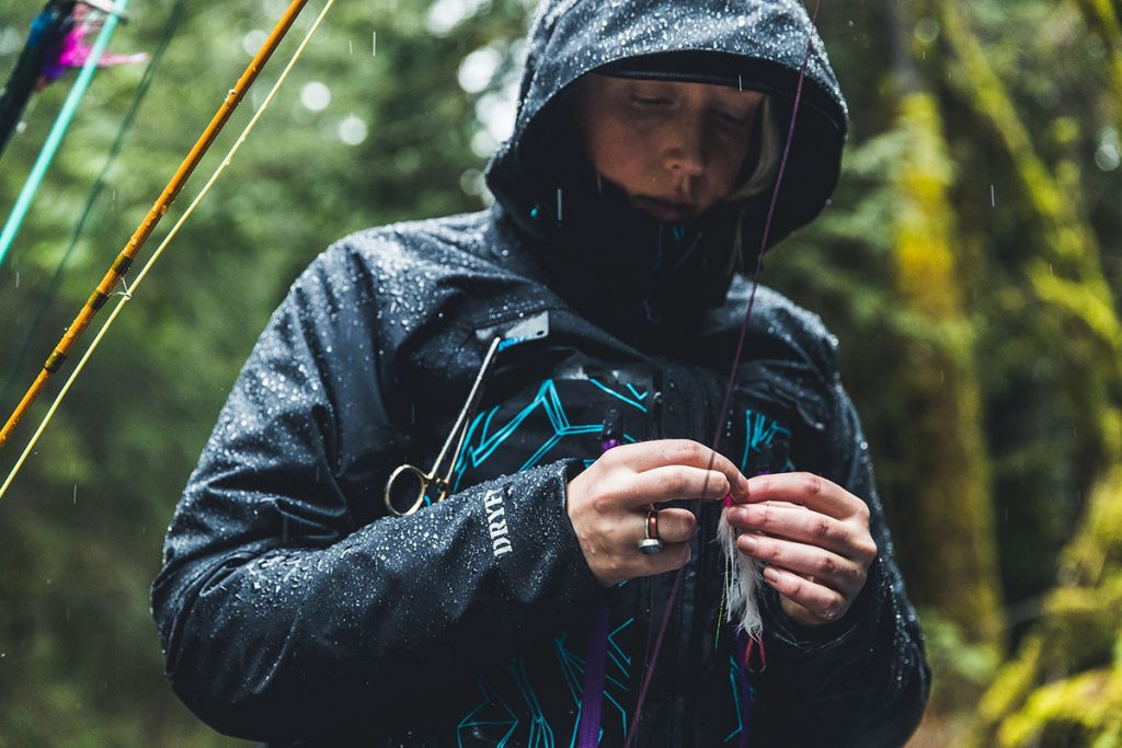 DRYFT women's Primo Rain Jacket front hood up - fly fishing