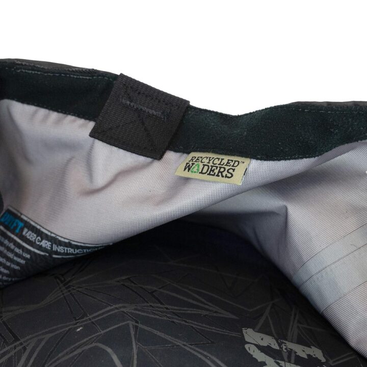 Upcycled waders tote bag built from recycled fishing waders - inside tag
