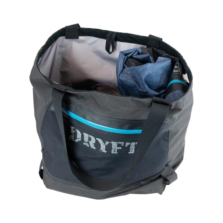 Upcycled waders tote bag built from recycled fishing waders - stuffed