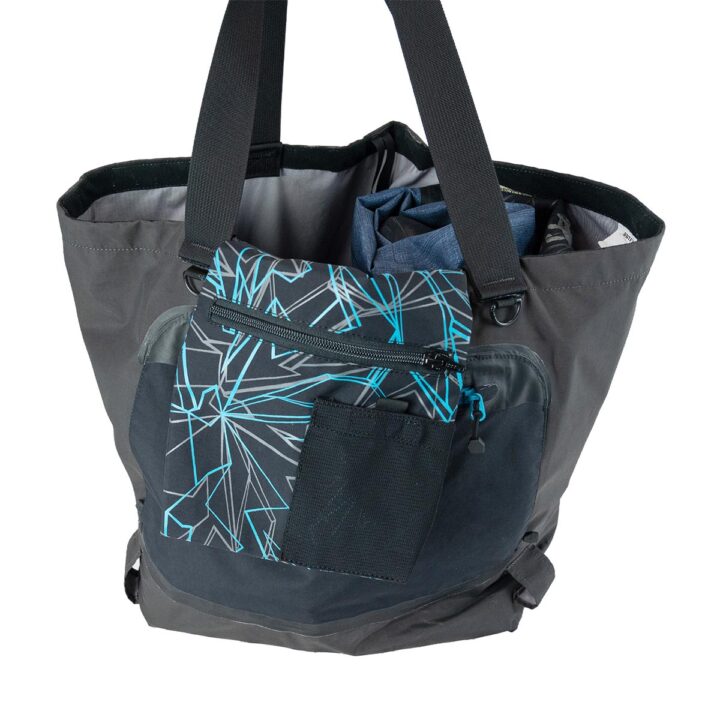 Upcycled waders tote bag built from recycled fishing waders - flip out pocket