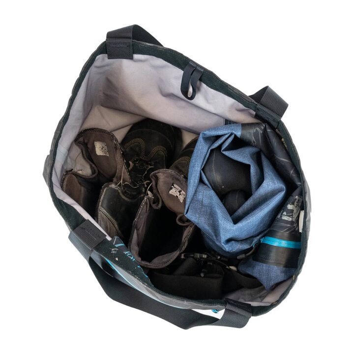 Upcycled waders tote bag built from recycled fishing waders - stuffed top down view