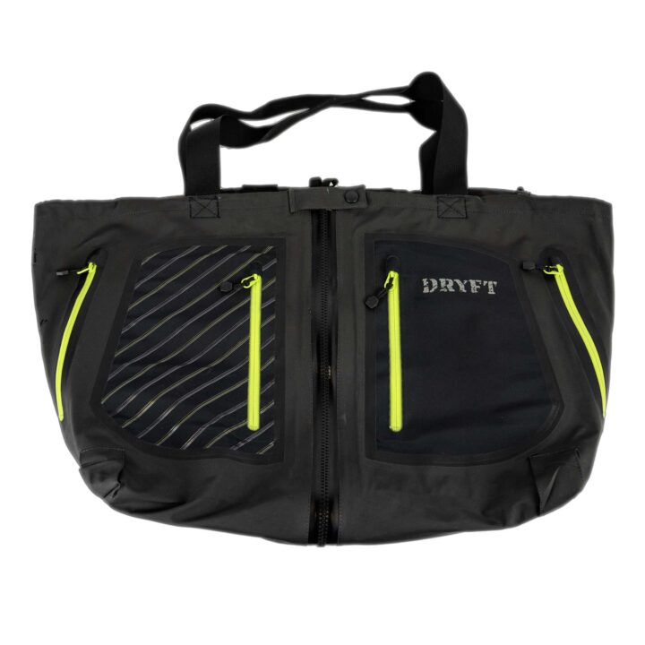 upcycled tote bag with green zippers and front zipper